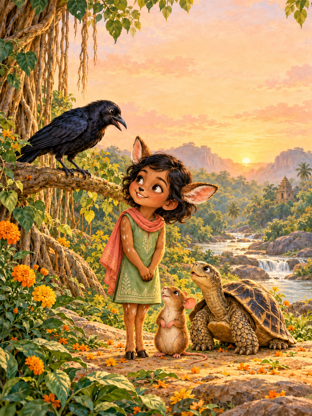 A child as a spotted deer with their crow, mouse, and tortoise friends in an Indian forest